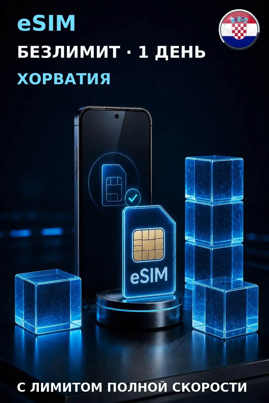 eSIM Хорватия — БЕЗЛИМИТ, 1 день — интернет